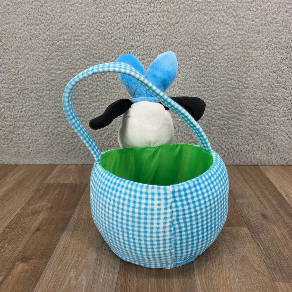 Peanuts Snoopy Plush Easter Basket Blue Gingham Bunny Ears Stuffed Animal 10in